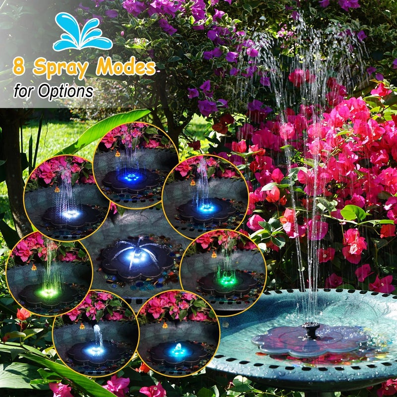 GAIZERL Solar Fountain, Upgrade Lucky Flower 3.5W Solar Bird Bath Water Fountain with Lights, and 2000mAh Battery, Solar Powered Hummingbird Fountain Pump with 7 Nozzles, 4 Fixed Pipes for Garden - Image 2